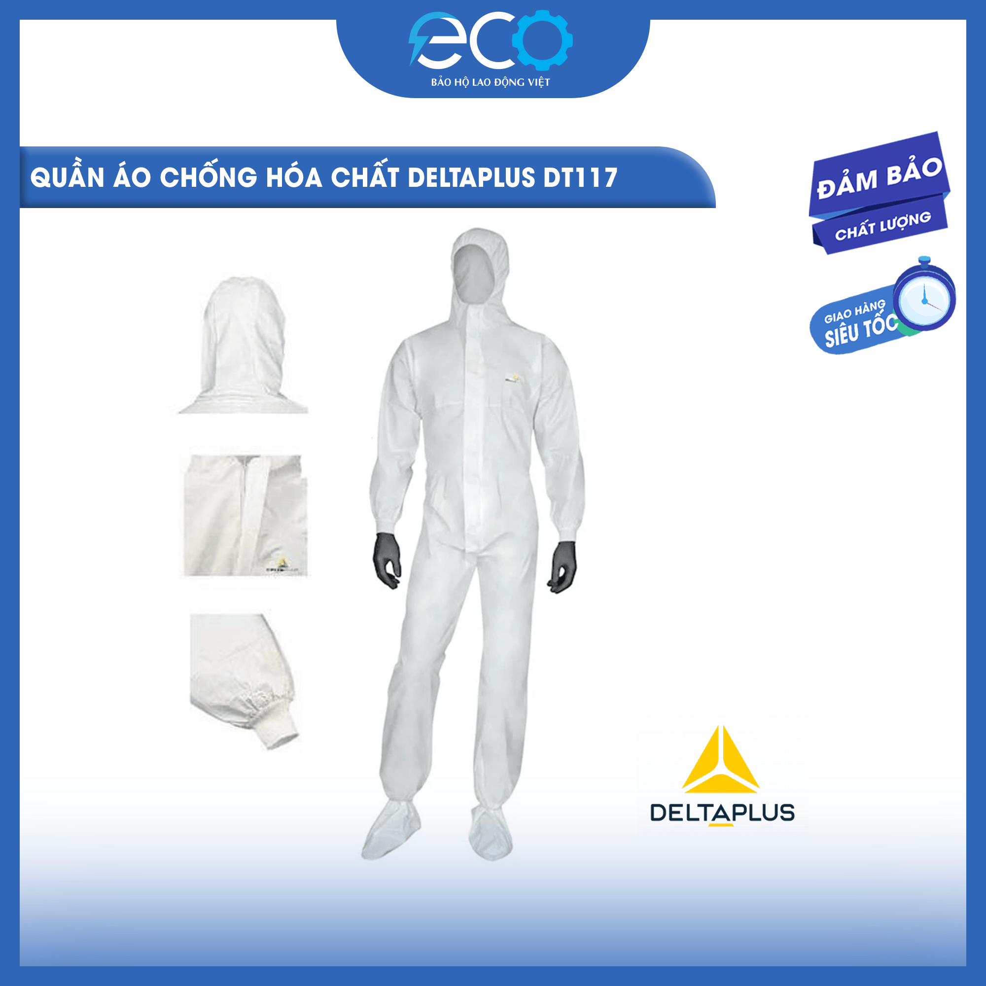 Bộ Quần Áo Bảo Hộ Deltaplus DT117 – Chống Hóa Chất, Nhiễm Xạ, Chống Tĩnh Điện, Dùng Trong Công Nghiệp – Đồ Bảo Hộ Toàn Thân