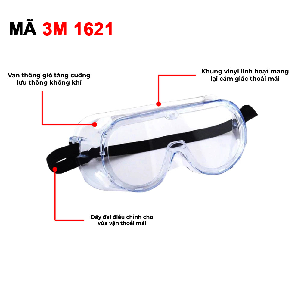Kính bảo hộ chống hóa chất 3M 1621 là dòng tiêu chuẩn không có lớp phủ chống đọng sương (Anti-fog), khác với phiên bản 3M 1621AF có chữ "AF" (Anti-fog).