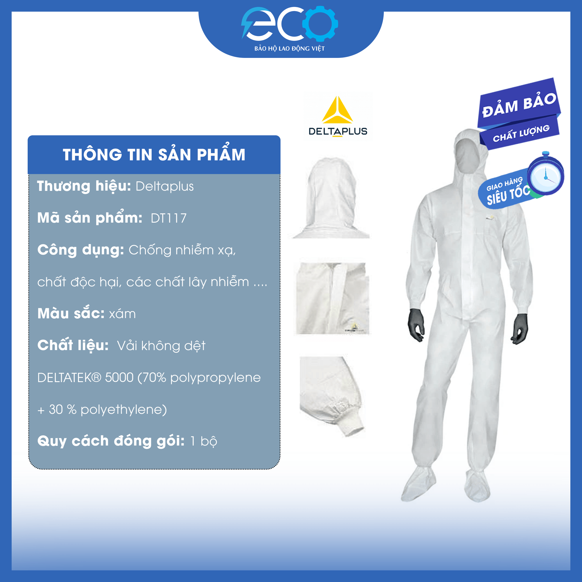 Bộ Quần Áo Bảo Hộ Deltaplus DT117 – Chống Hóa Chất, Nhiễm Xạ, Chống Tĩnh Điện, Dùng Trong Công Nghiệp – Đồ Bảo Hộ Toàn Thân