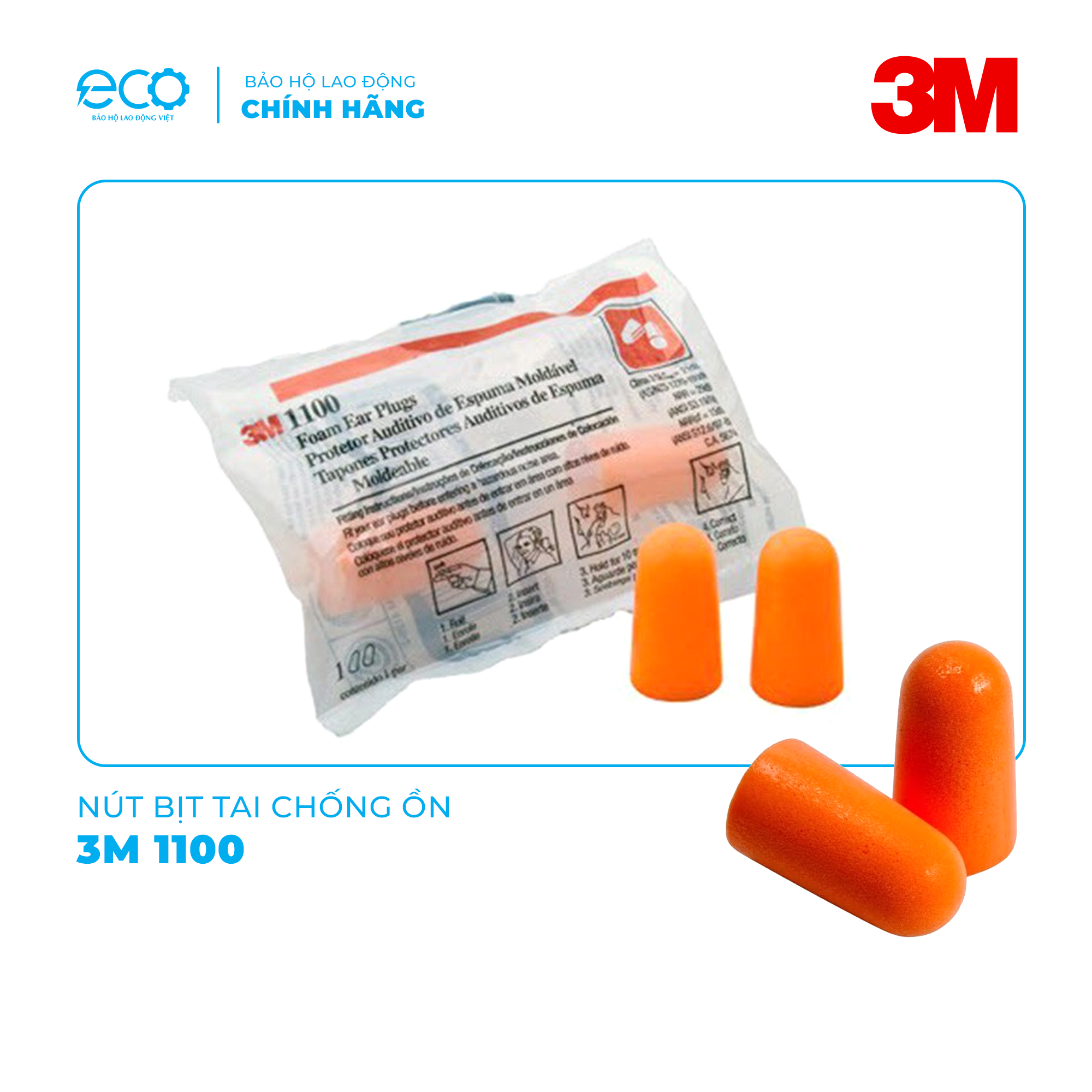 Nút tai chống ồn dạng bọt xốp không dây 3M 1100 giảm tiếng ồn 29dB, hàng chính hãng 3M