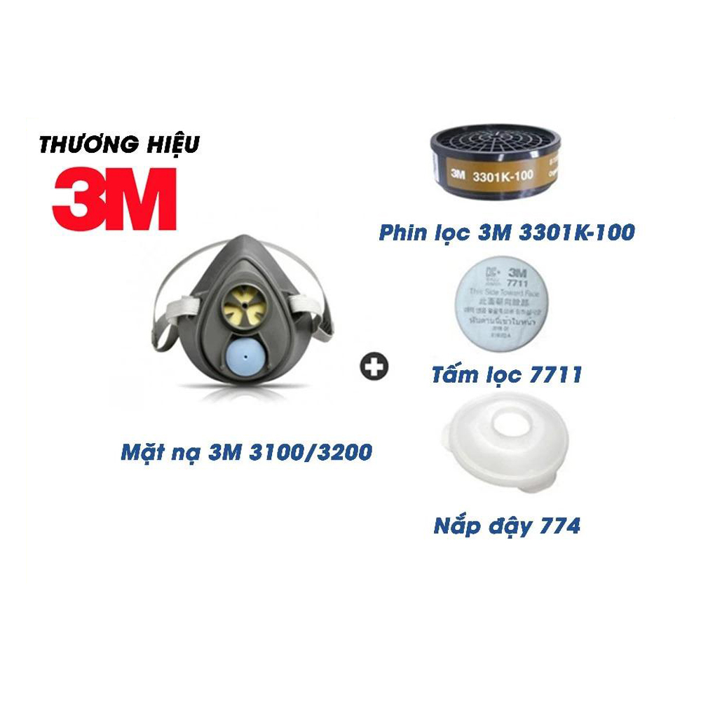 Mặt nạ phòng độc, chống bụi 3M 3100/3200 + Phin lọc 3301K-100 + Tấm lọc bụi 7711 + Nắp đậy 774