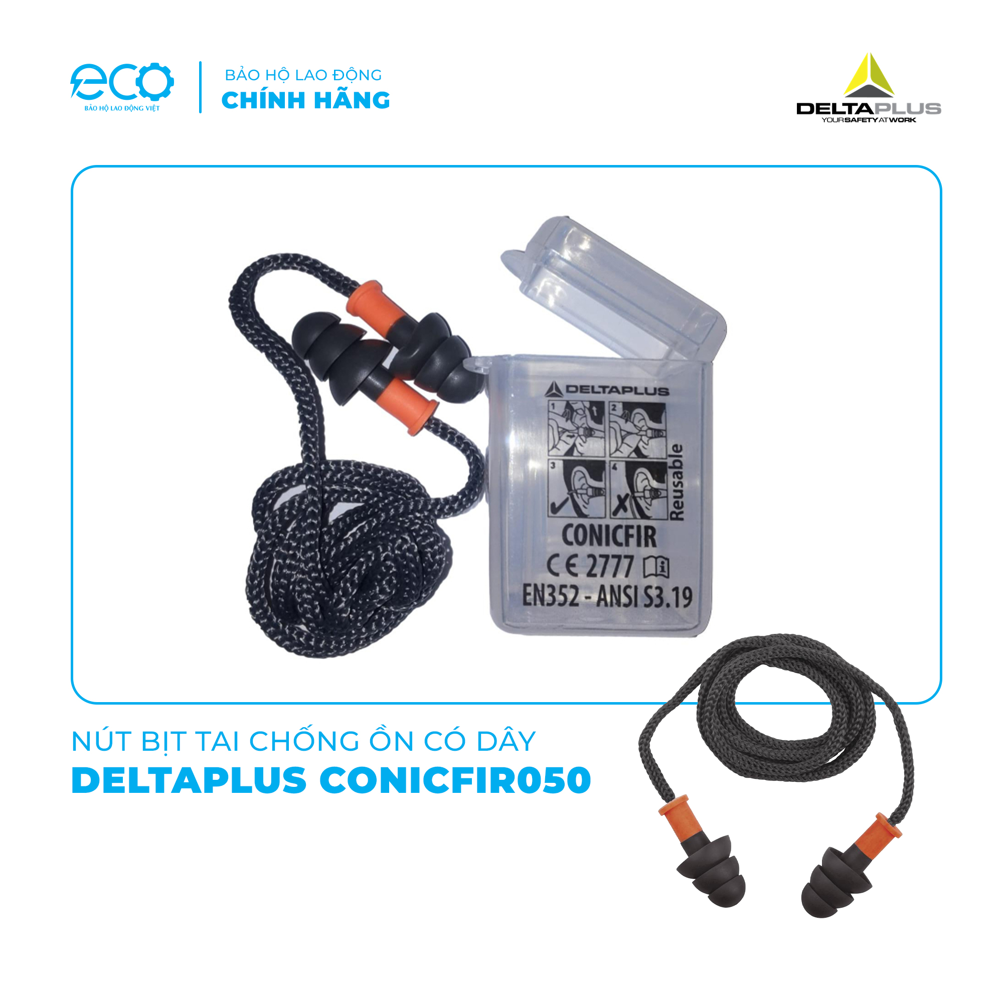 Nút Tai Chống Ồn 29dB DeltaPlus Conicfir050 Chính Hãng – Có Dây, Giảm Ồn Công Trường, Xưởng Cơ Khí