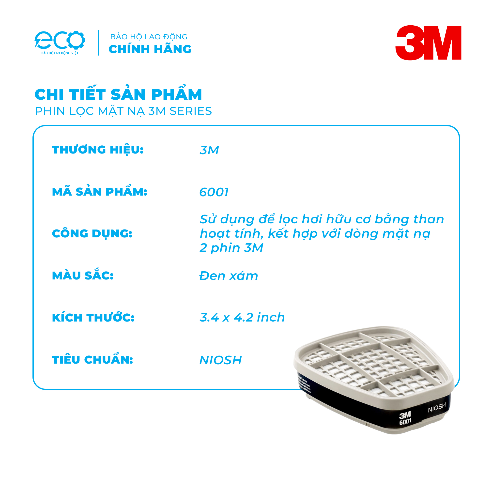 Phin lọc than hoạt tính 3M 6001 lọc hơi hữu cơ, phun thuốc, phun sơn