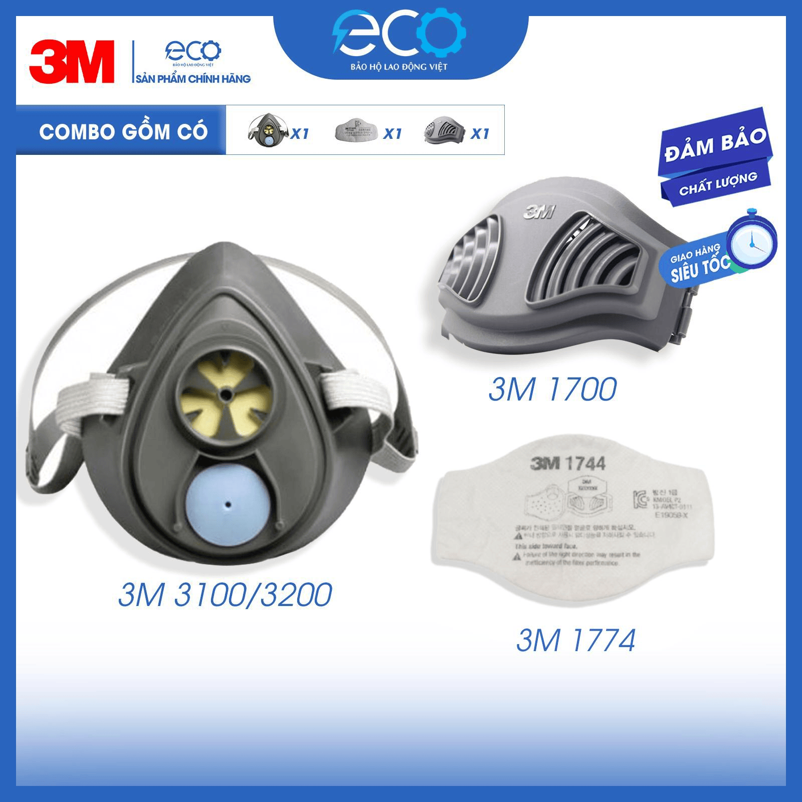 Mặt nạ phòng bụi 3M 3100/3200 kèm tấm lọc bụi 3M 1774 và nắp giữ tấm lọc bụi 3M 1700