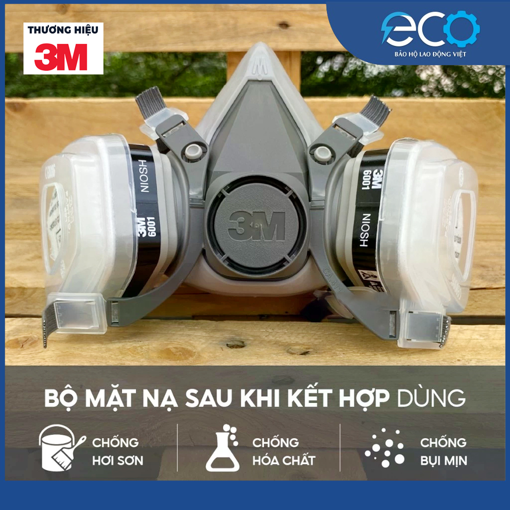 Combo (7 món) mặt nạ phòng độc 3M 6100/6200/6300 với phin lọc 3M 6001 kết hợp tấm lọc bụi 5N11 cùng nắp giữ 501. Mặt nạ chống bụi, chống độc, dùng phun sơn, phun thuốc