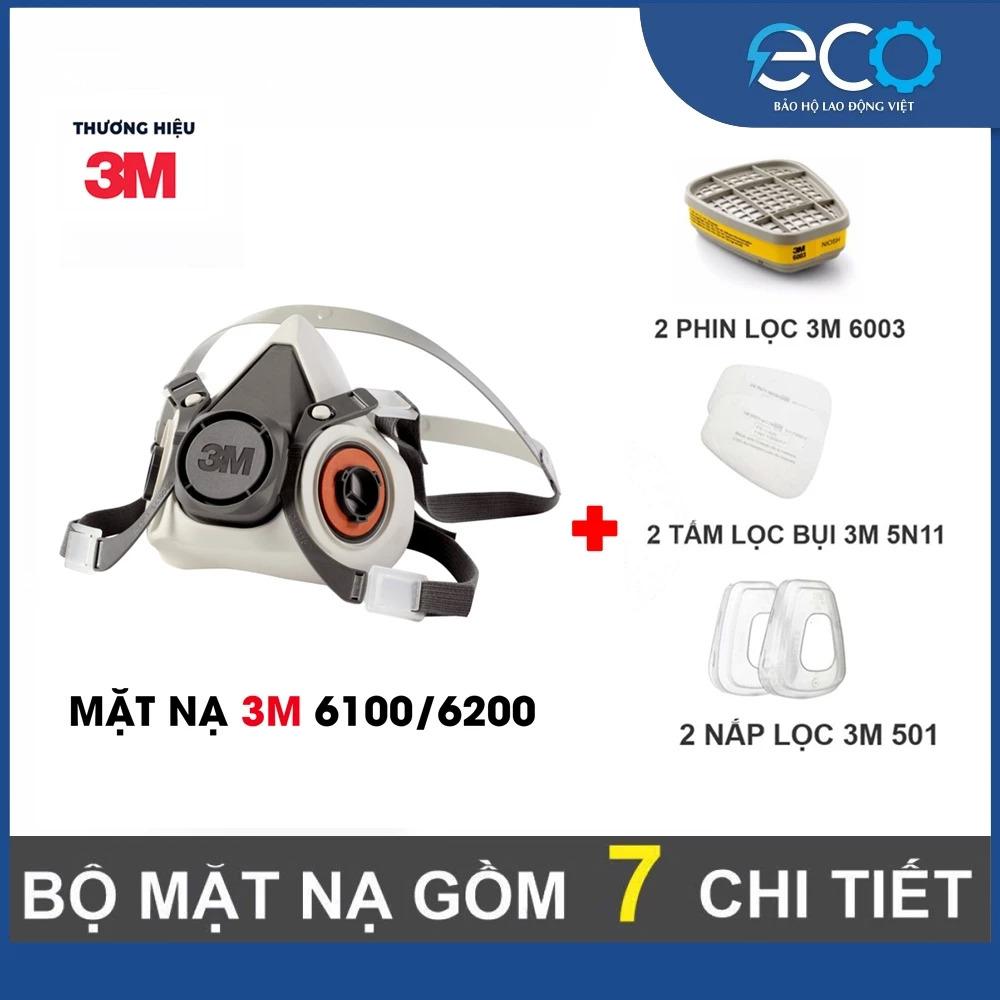 Bộ mặt nạ phòng độc 3M 6100/6200 với phin lọc 6003 kết hợp tấm lọc bụi 5N11 cùng nắp giữ 501(7 món)