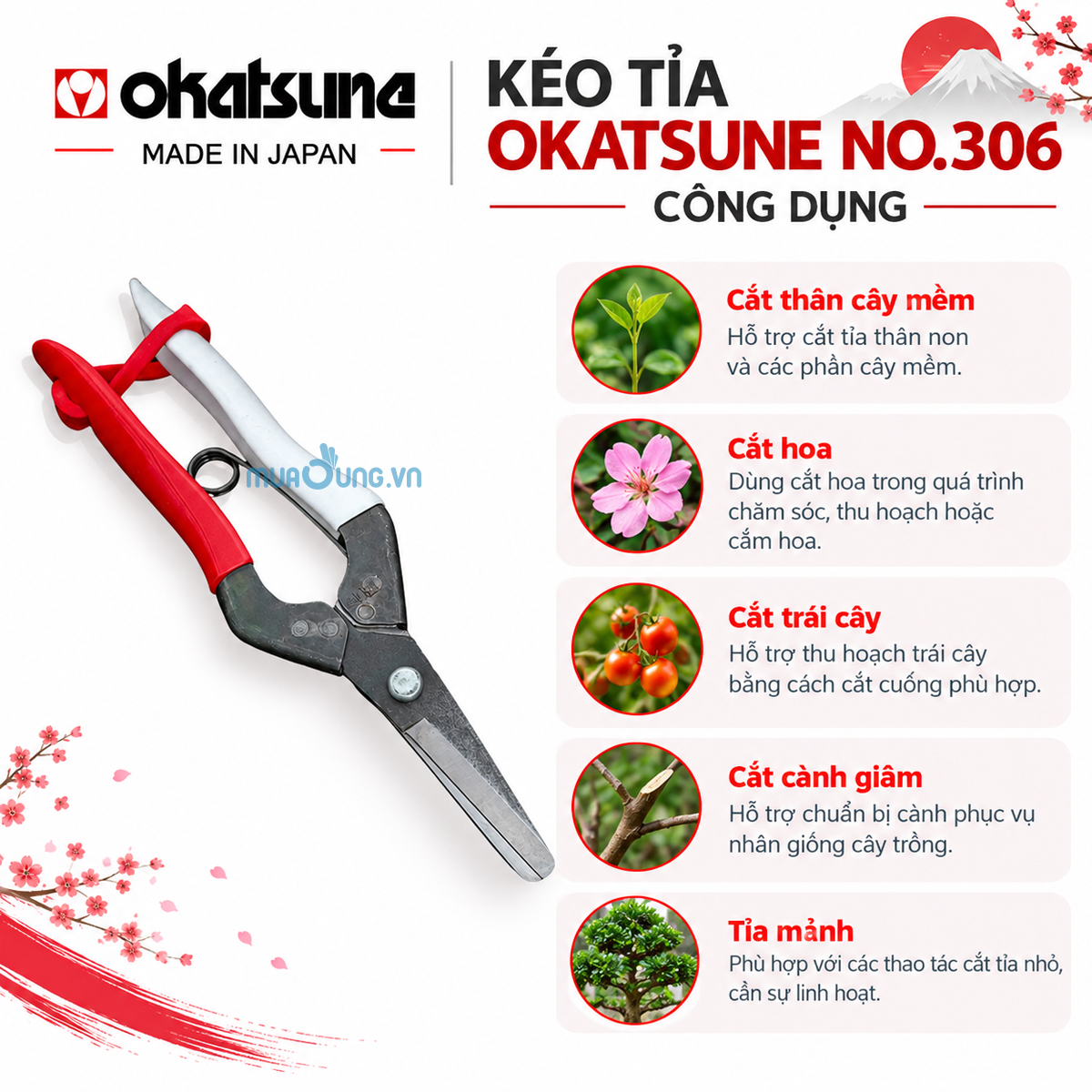 Kéo Tỉa Cành Okatsune No.306 Nhật Bản 19.3cm – Thép Yasugi, Cắt Cành và Giâm Thân