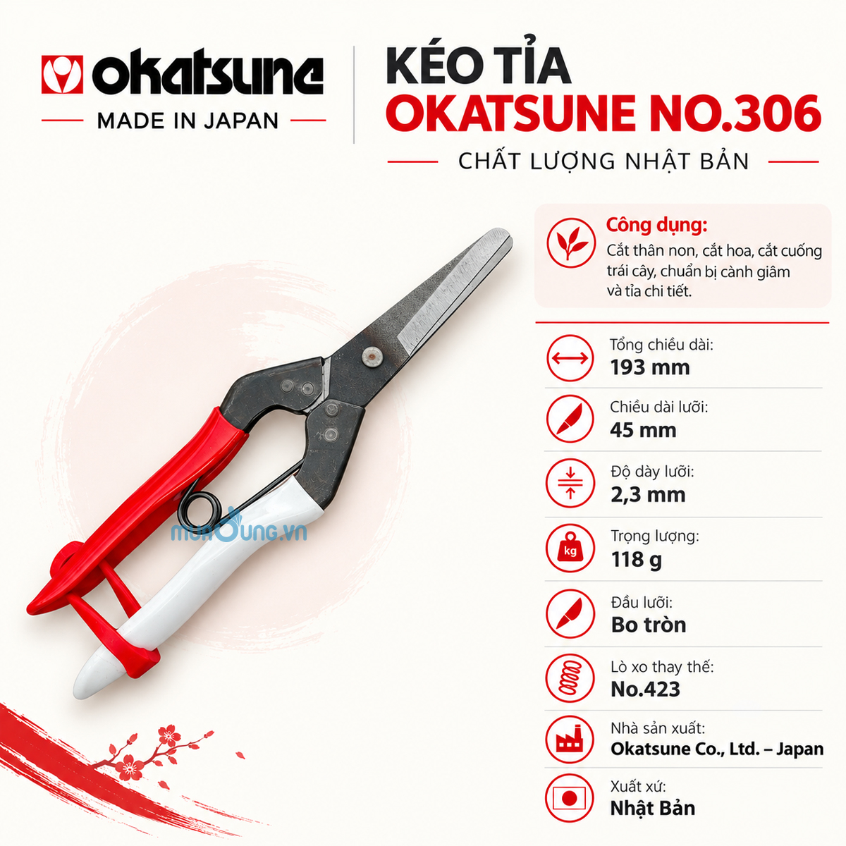 Kéo Tỉa Cành Okatsune No.306 Nhật Bản 19.3cm – Thép Yasugi, Cắt Cành và Giâm Thân