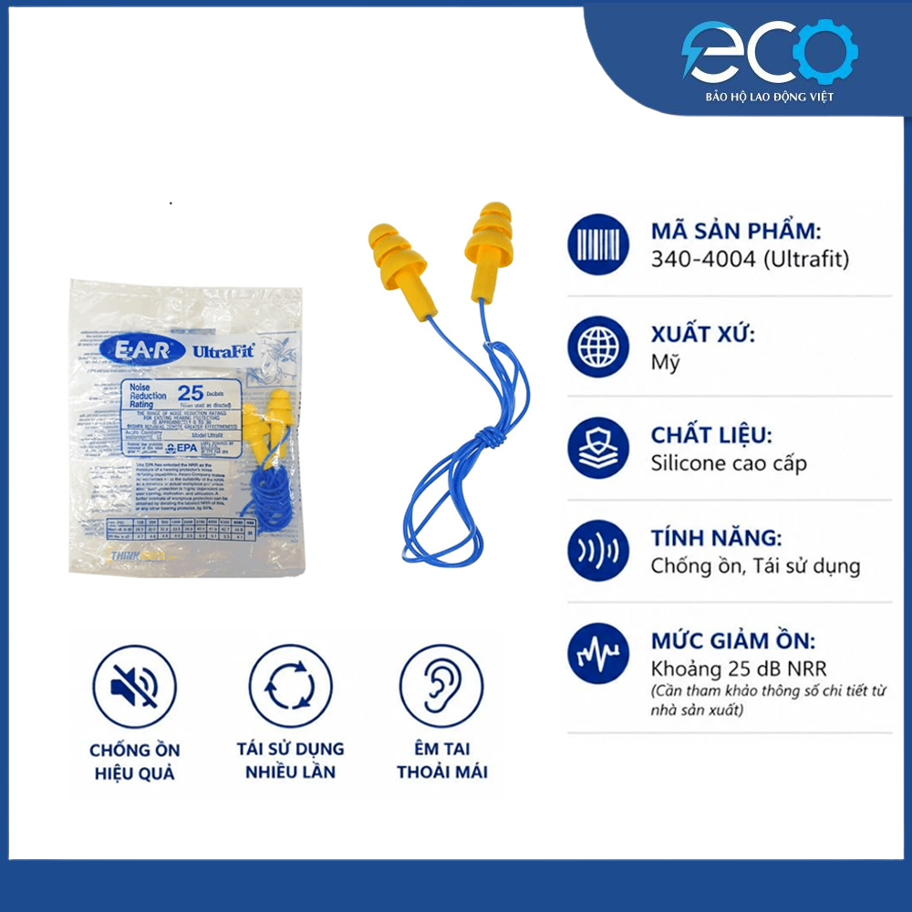 Nút bịt tai 3M 340-4004 chính hãng có dây – Giảm ồn 25dB, bảo vệ thính giác