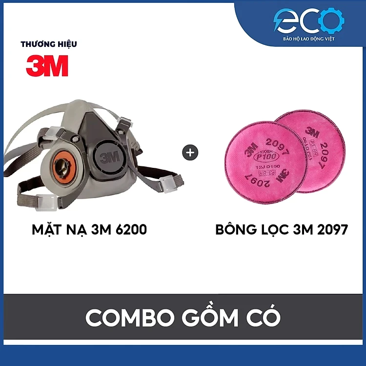 Combo mặt nạ phòng độc 3M 6100/6200/6300 kèm bông lọc 3M 2097 chuyên chuyên lọc khói hàn, lọc bụi mịn pm2.5, chống hơi sơn, vi khuẩn