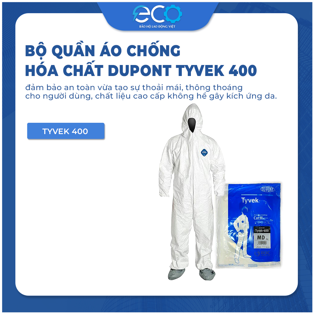 Bộ quần áo chống hóa chất, phun thuốc trừ sâu, chống dịch Dupont Tyvek 400 màu trắng