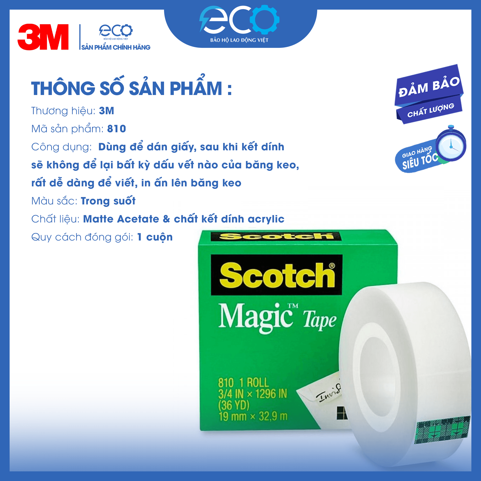 Băng keo trong suốt dán tiền và hồ sơ 3M 810 siêu dính, viết lên được, xé được bằng tay (19mm x 33m)
