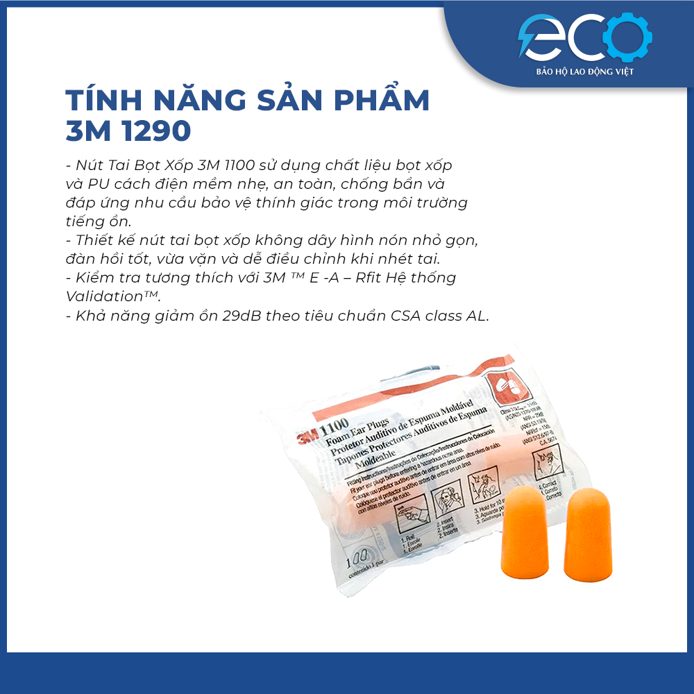5 cặp n&uacute;t tai chống ồn 3M 1100 kh&ocirc;ng d&acirc;y ch&iacute;nh h&atilde;ng &ndash; Bọt xốp mềm, giảm ồn 29dB