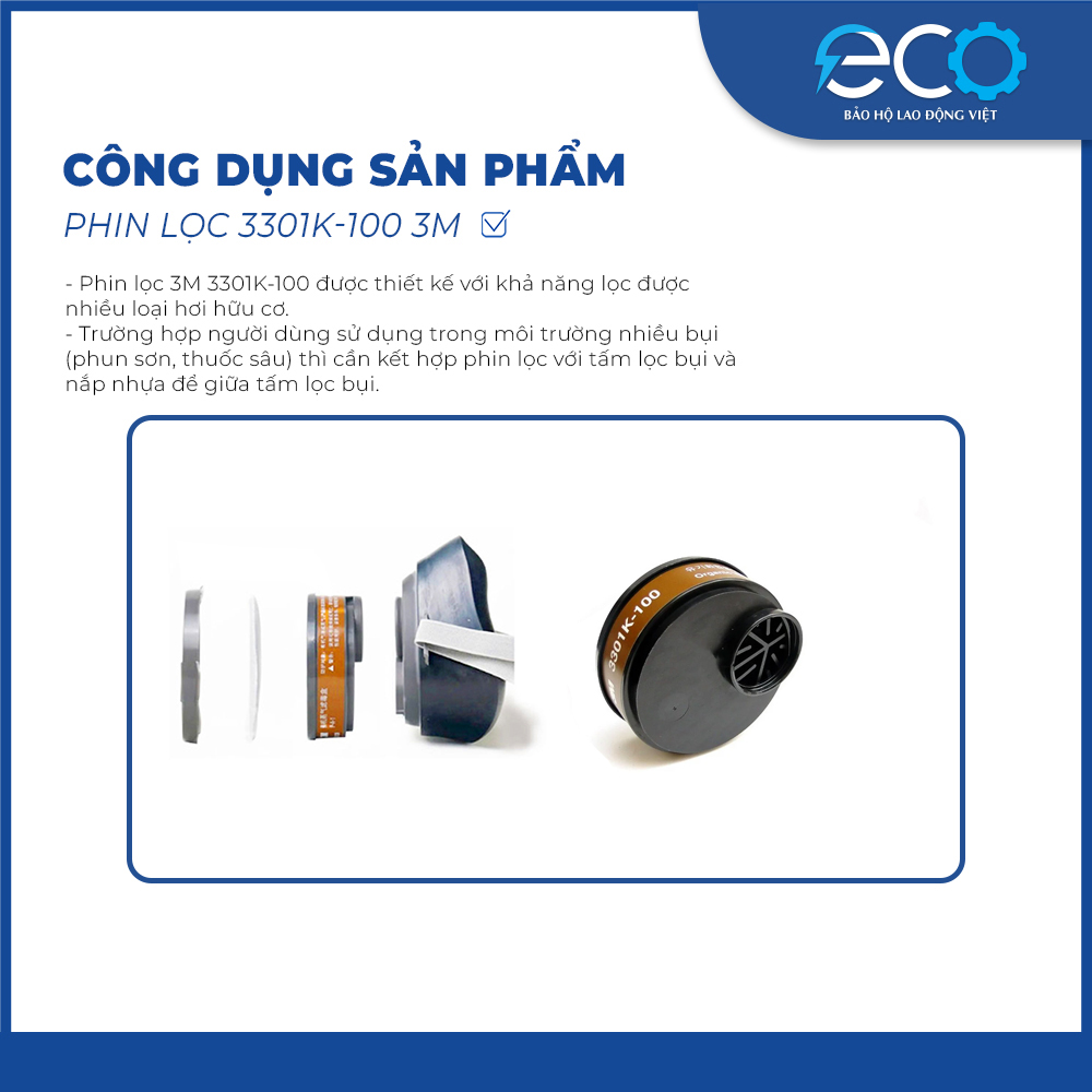 Phin lọc 3M 3301K-100 chính hãng – Dùng cho mặt nạ 3M 3100, 3200 lọc hơi hữu cơ
