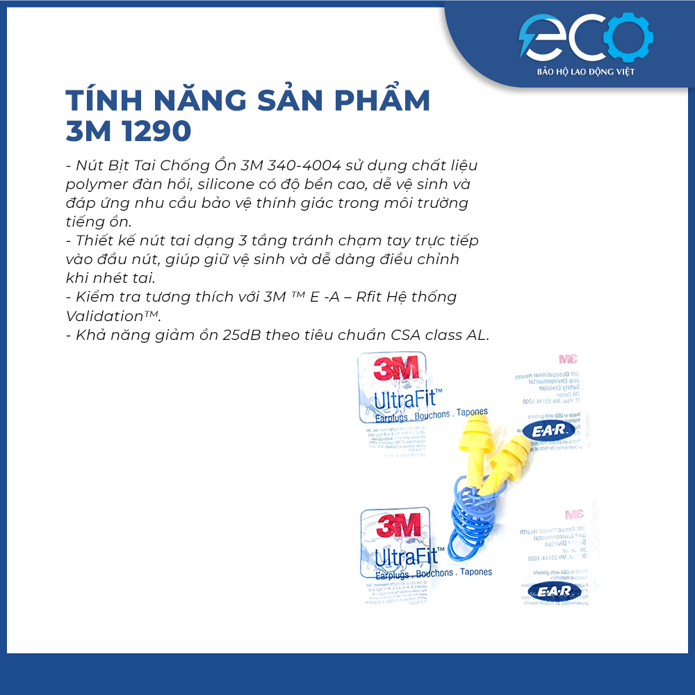 Nút bịt tai 3M 340-4004 chính hãng có dây – Giảm ồn 25dB, bảo vệ thính giác
