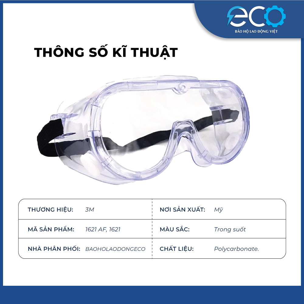 Kính bảo hộ 3M 1621AF, chống hóa chất, tia UV, không bám hơi