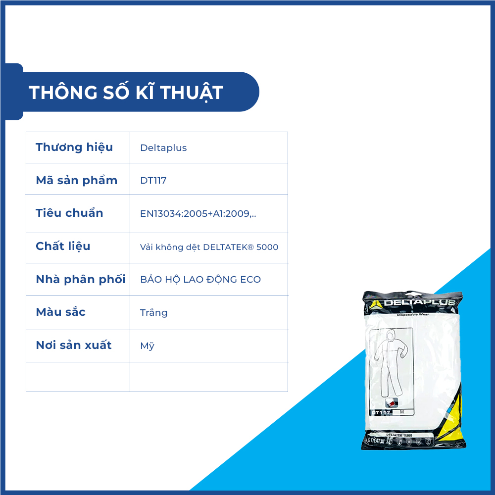 Bộ Quần Áo Bảo Hộ Deltaplus DT117 – Chống Hóa Chất, Nhiễm Xạ, Chống Tĩnh Điện, Dùng Trong Công Nghiệp – Đồ Bảo Hộ Toàn Thân