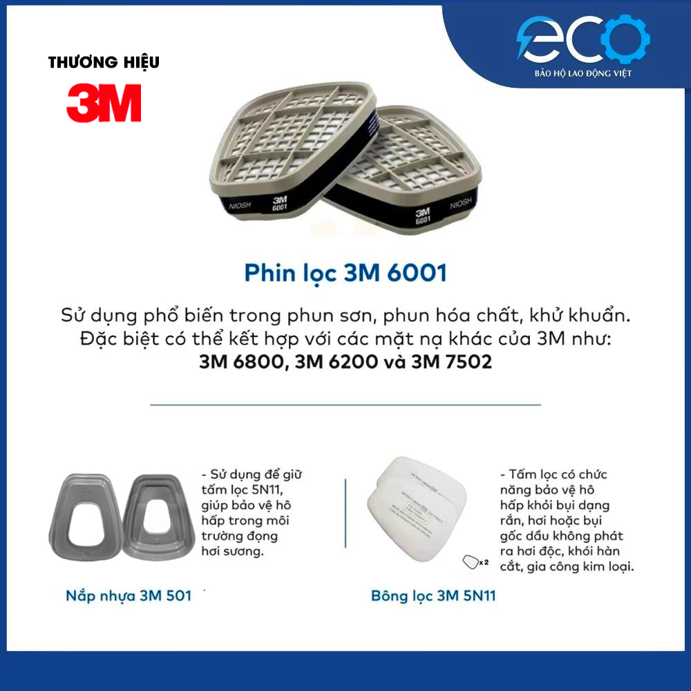 B&ocirc;̣ mặt nạ 3M 7501, 7502 kết hợp phin lọc 3M 6006, tấm lọc bụi 5N11 c&ugrave;ng nắp giữ 501 lọc hơi hữu cơ, kh&iacute; axit, amoniac, d&ugrave;ng phun sơn, h&oacute;a chất
