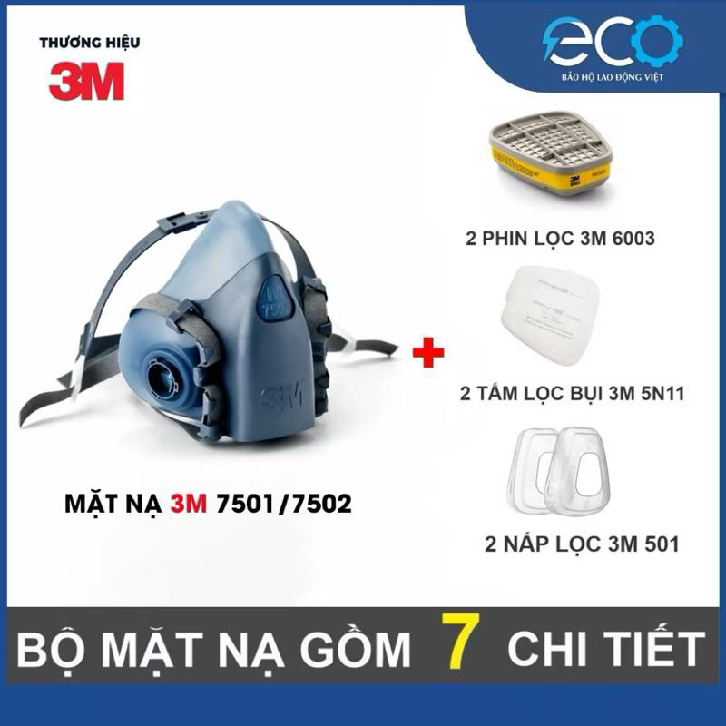 Bộ mặt nạ phòng độc 3M 7501/7502 kèm phin lọc 3M 6003 + Tấm lọc 5N11 và nắp giữ 501 – Lọc hơi hữu cơ, vô cơ