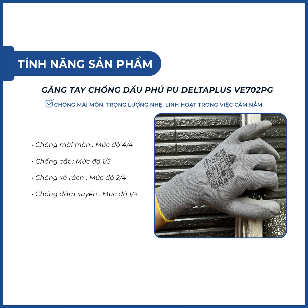 Găng tay bảo hộ lao động Deltaplus VE702PG phủ PU ôm tay, dễ cầm nắm, chống dầu, sửa chữa, vận hành