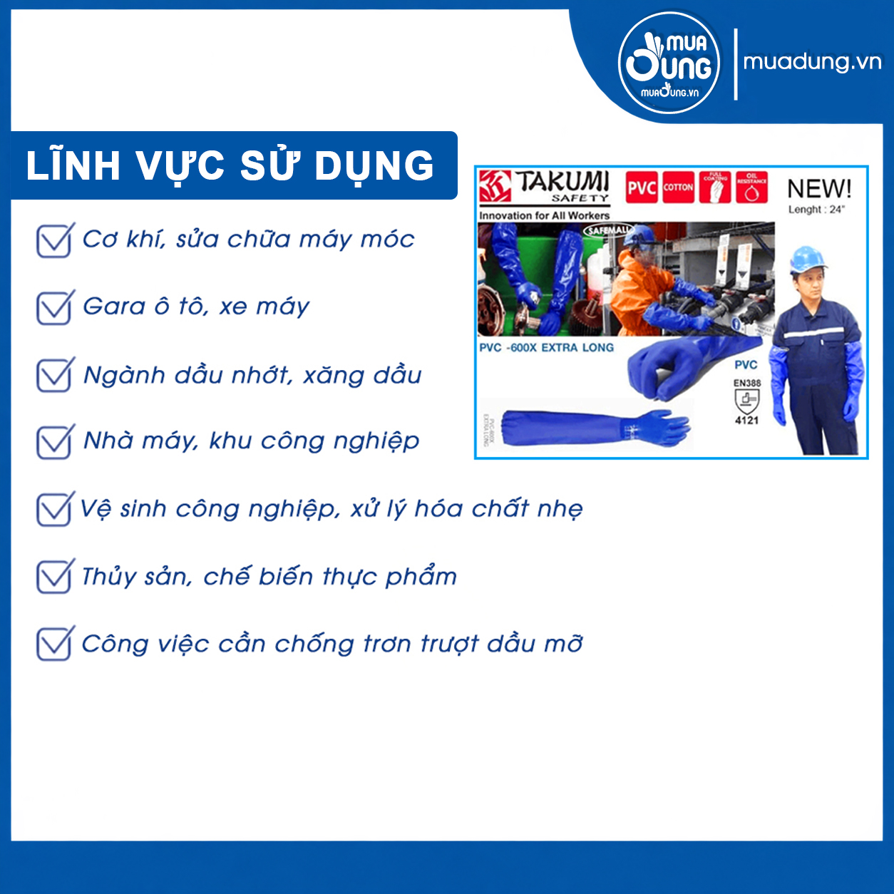 Găng tay chống hóa chất Takumi PVC600X găng tay chống axit - dầu nhớt - chất tẩy rửa - lót cotton thông thoáng, êm ái chính hãng Nhật Bản