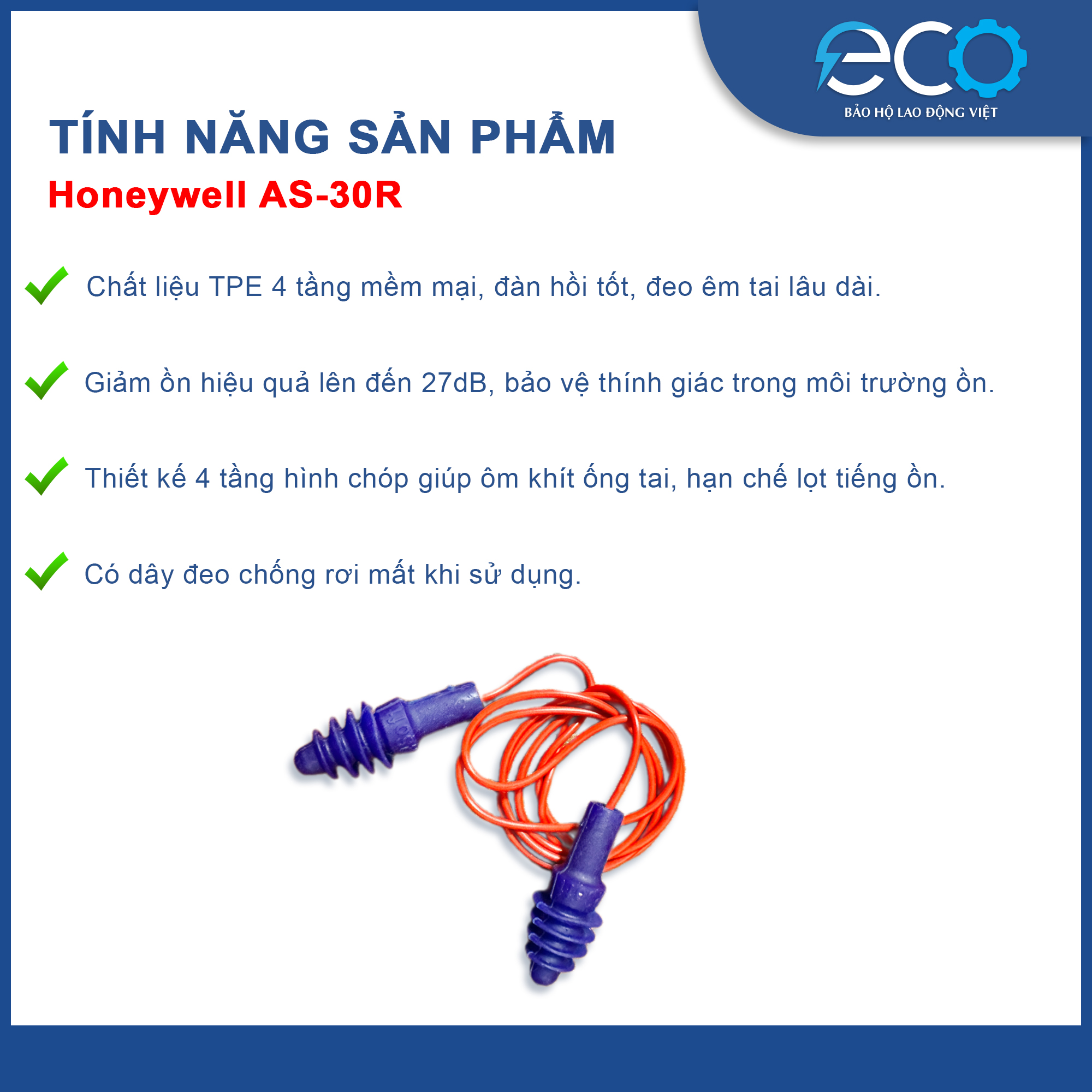 Nút Tai Chống Ồn Có Dây AS-30R Honeywell Chính Hãng – Giảm Ồn 27dB, Đeo Êm, Tái Sử Dụng
