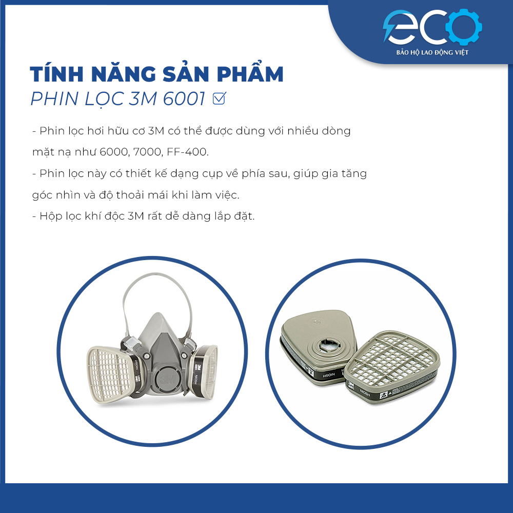 1 cặp phin lọc than hoạt tính 3M 6001 lọc hơi hữu cơ, phun thuốc, phun sơn, lọc mùi