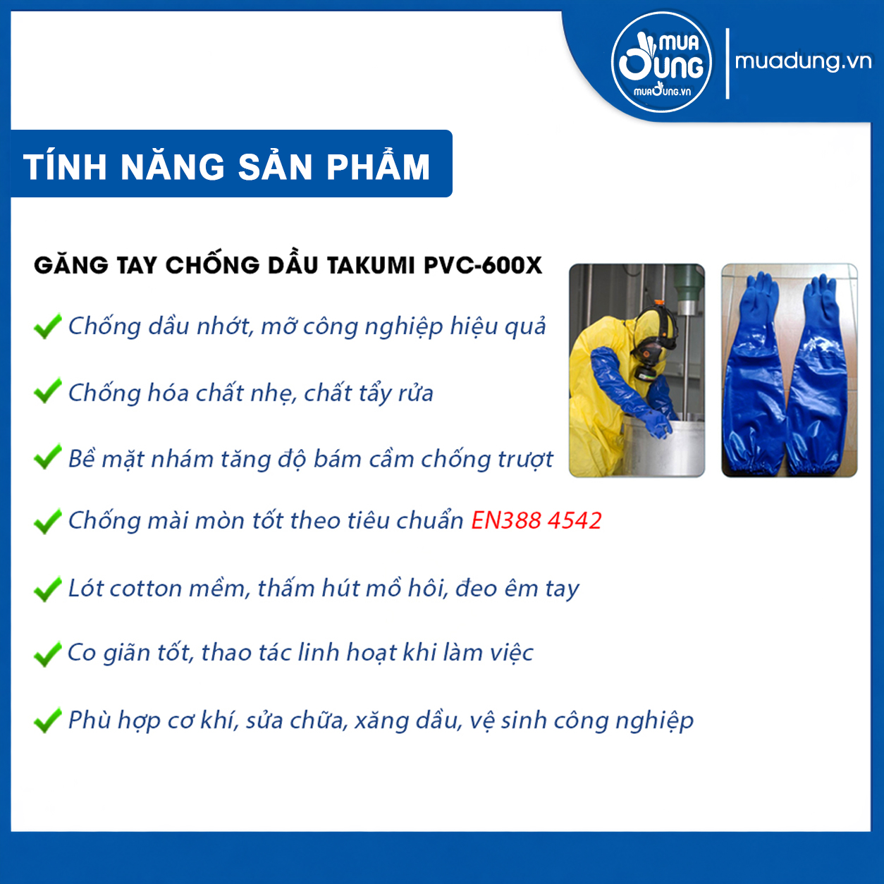 Găng tay chống hóa chất Takumi PVC600X găng tay chống axit - dầu nhớt - chất tẩy rửa - lót cotton thông thoáng, êm ái chính hãng Nhật Bản
