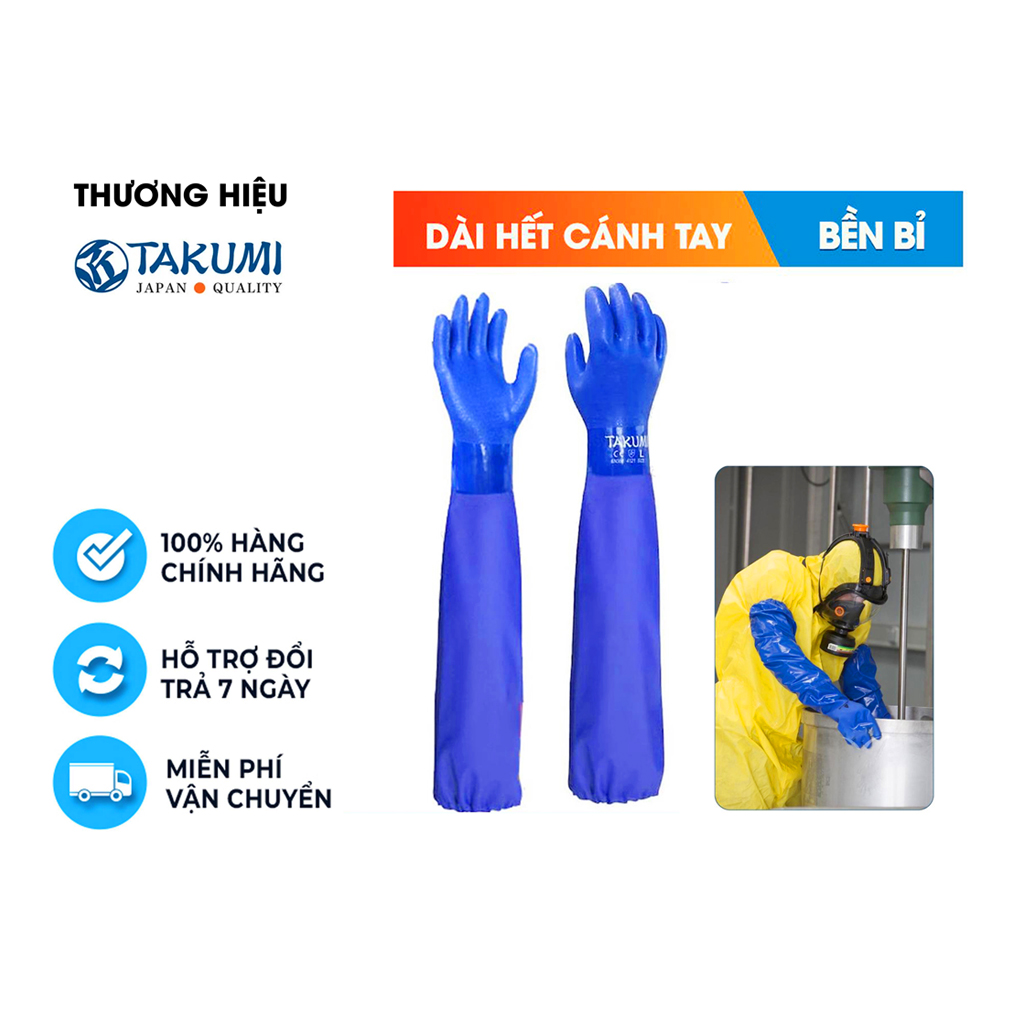 Găng tay chống hóa chất Takumi PVC600X găng tay chống axit - dầu nhớt - chất tẩy rửa - lót cotton thông thoáng, êm ái chính hãng Nhật Bản